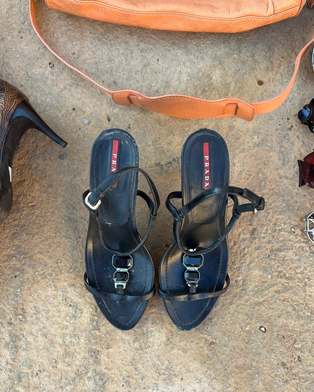 Prada black leather heeled sandals