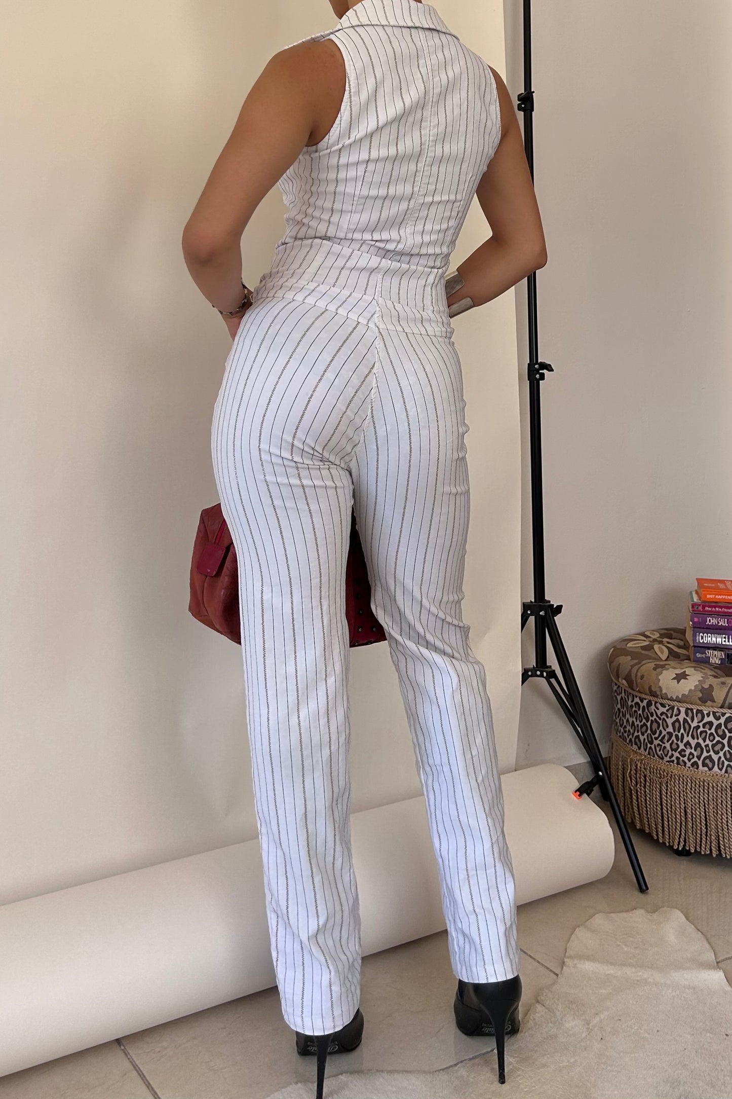 Y2k striped belted half zip up jumpsuit