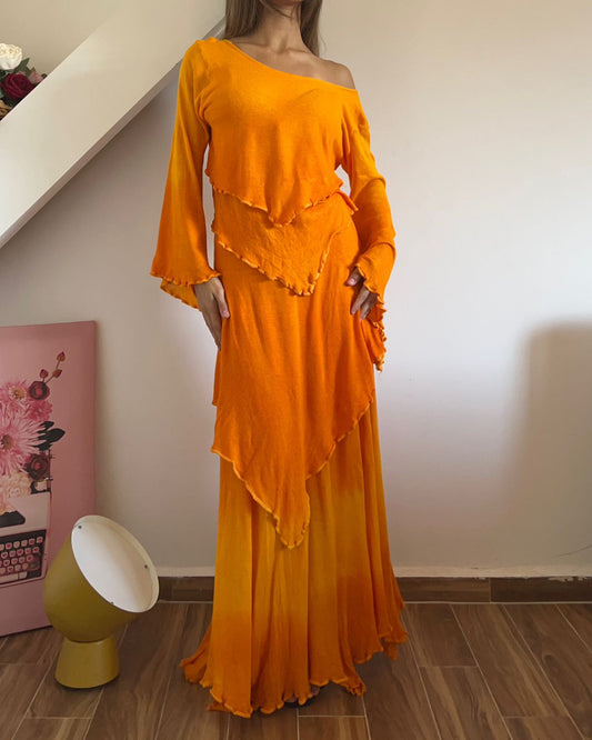 Orange ruffled maxi skirt set