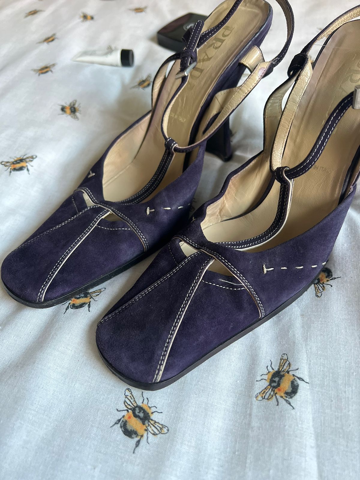 Vintage Prada suede purple square toe heels