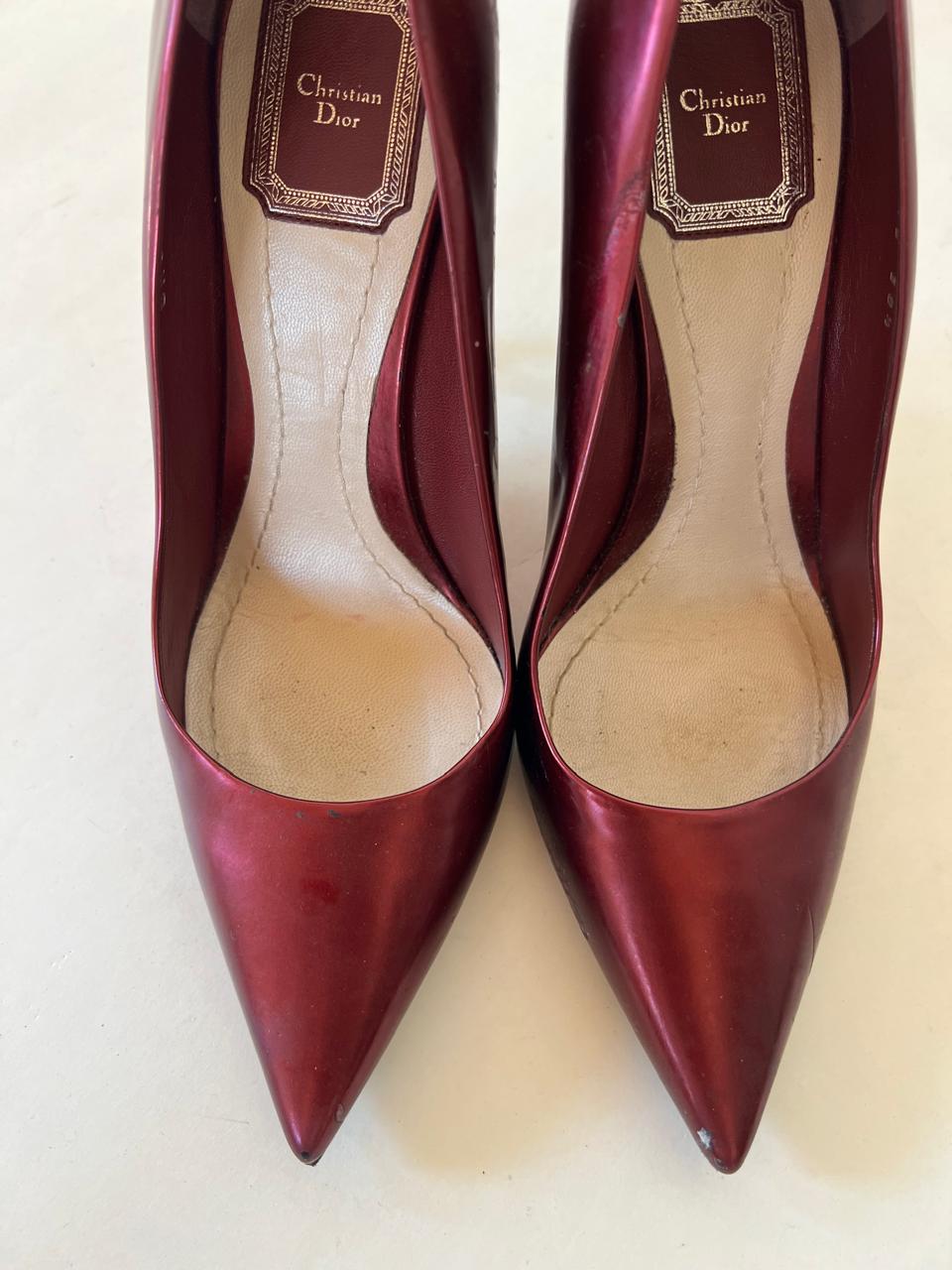 Dior metallic burgundy wedge pumps