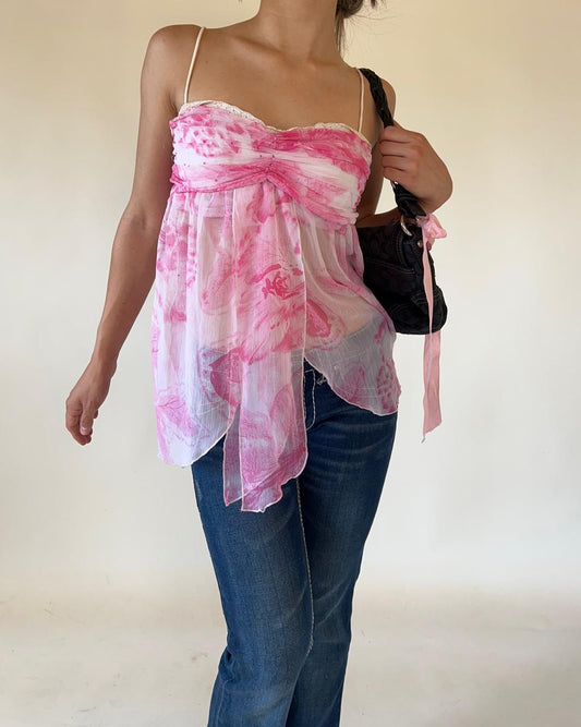 Y2k pink unsymmetric sheer top