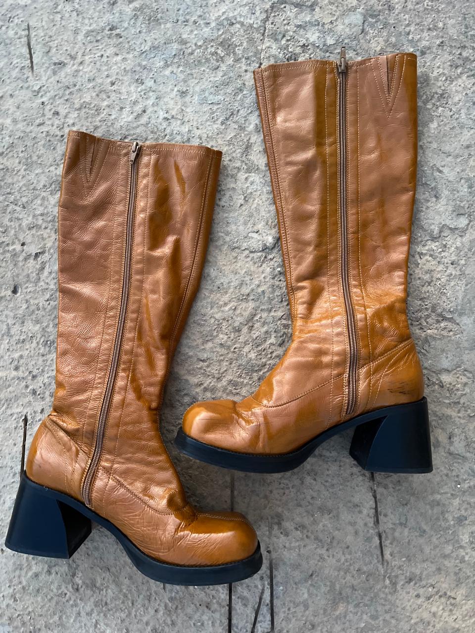 Topshop mustard yellow patent leather round toe chunky boots