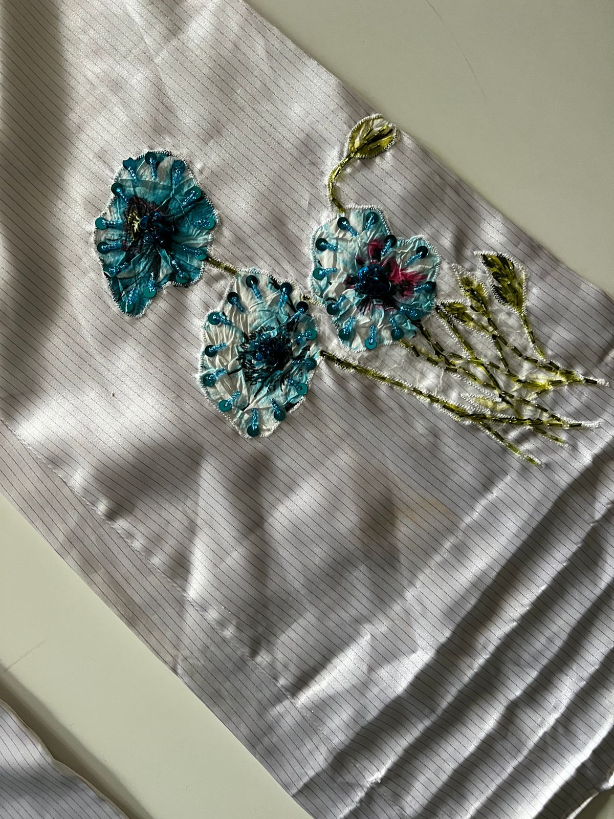 White satin stripped beaded flowers