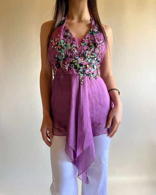 Sequin beaded halter unsymmetric top