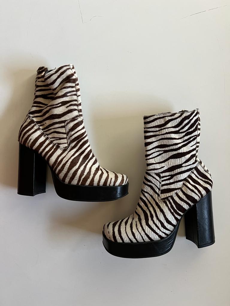 Zebra print fur chunky heeled ankle boots