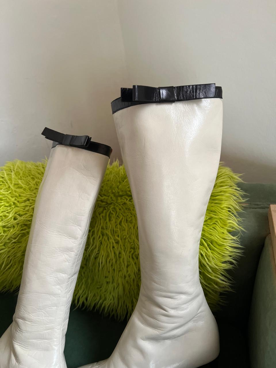 Miu Miu white lamb leather pointy knee high black bow boots