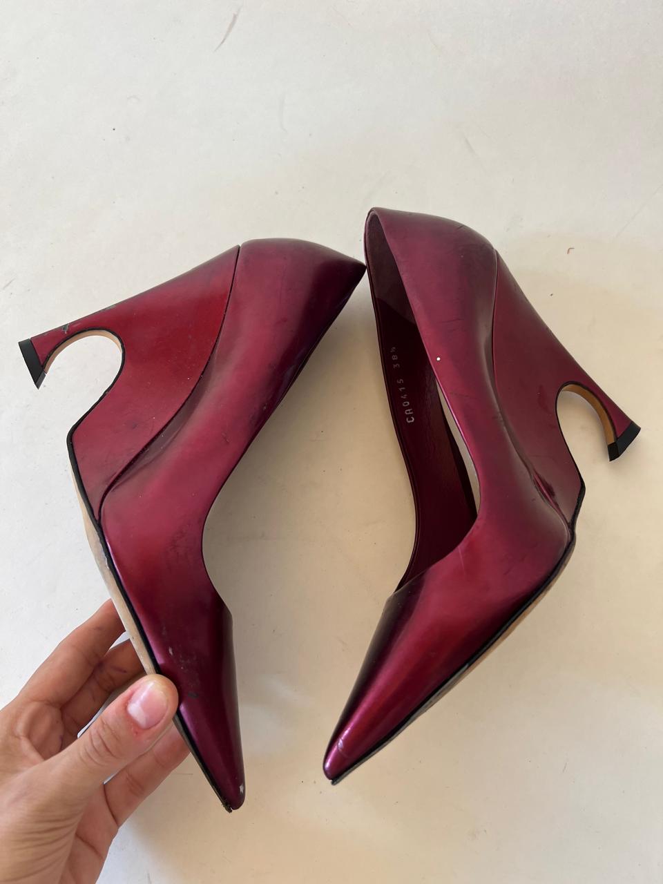 Dior metallic burgundy wedge pumps