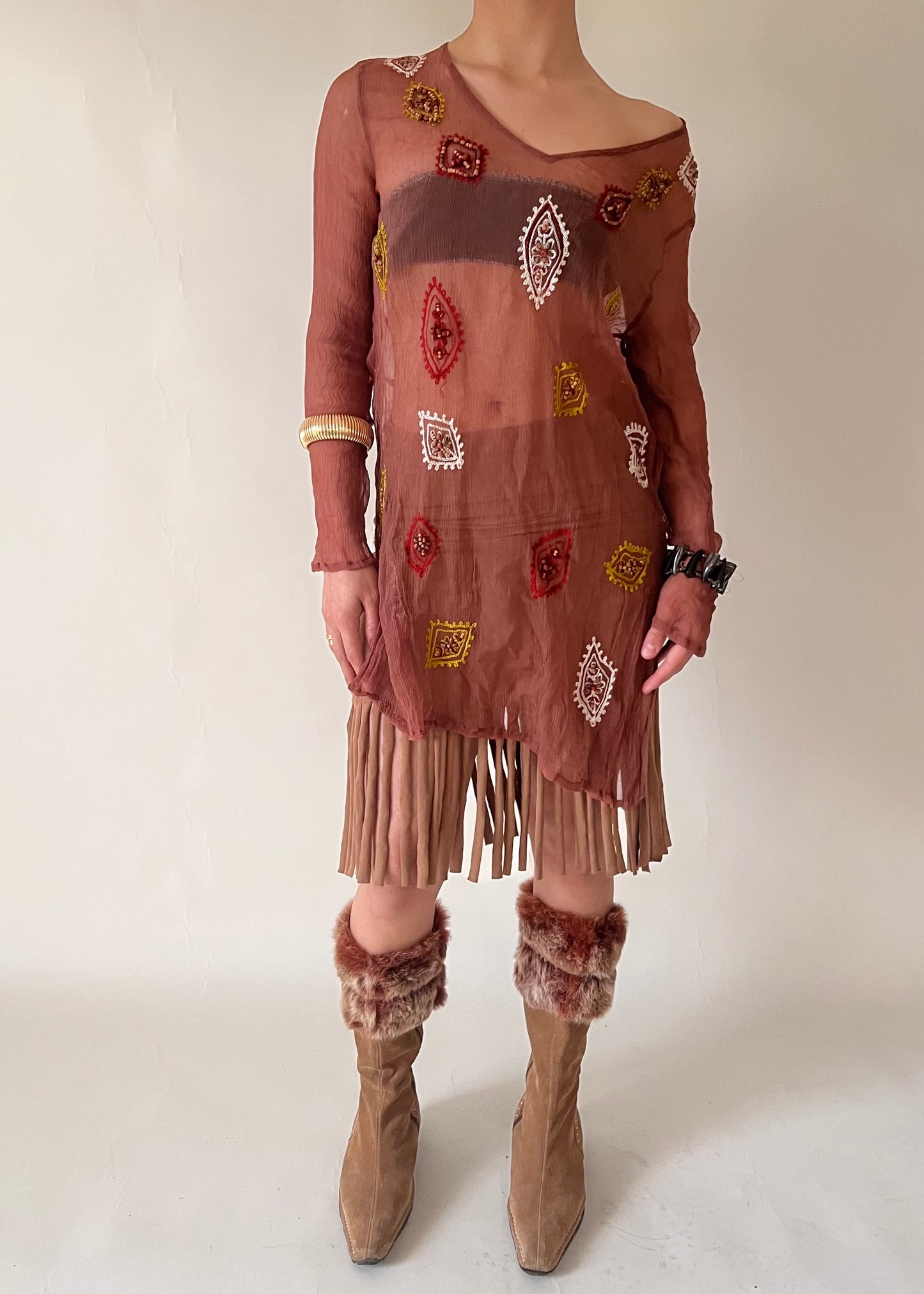 Sheer hippie boho embroidered beaded long top