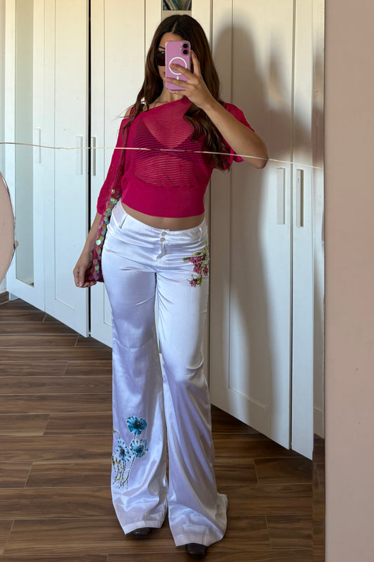 White satin stripped beaded flowers