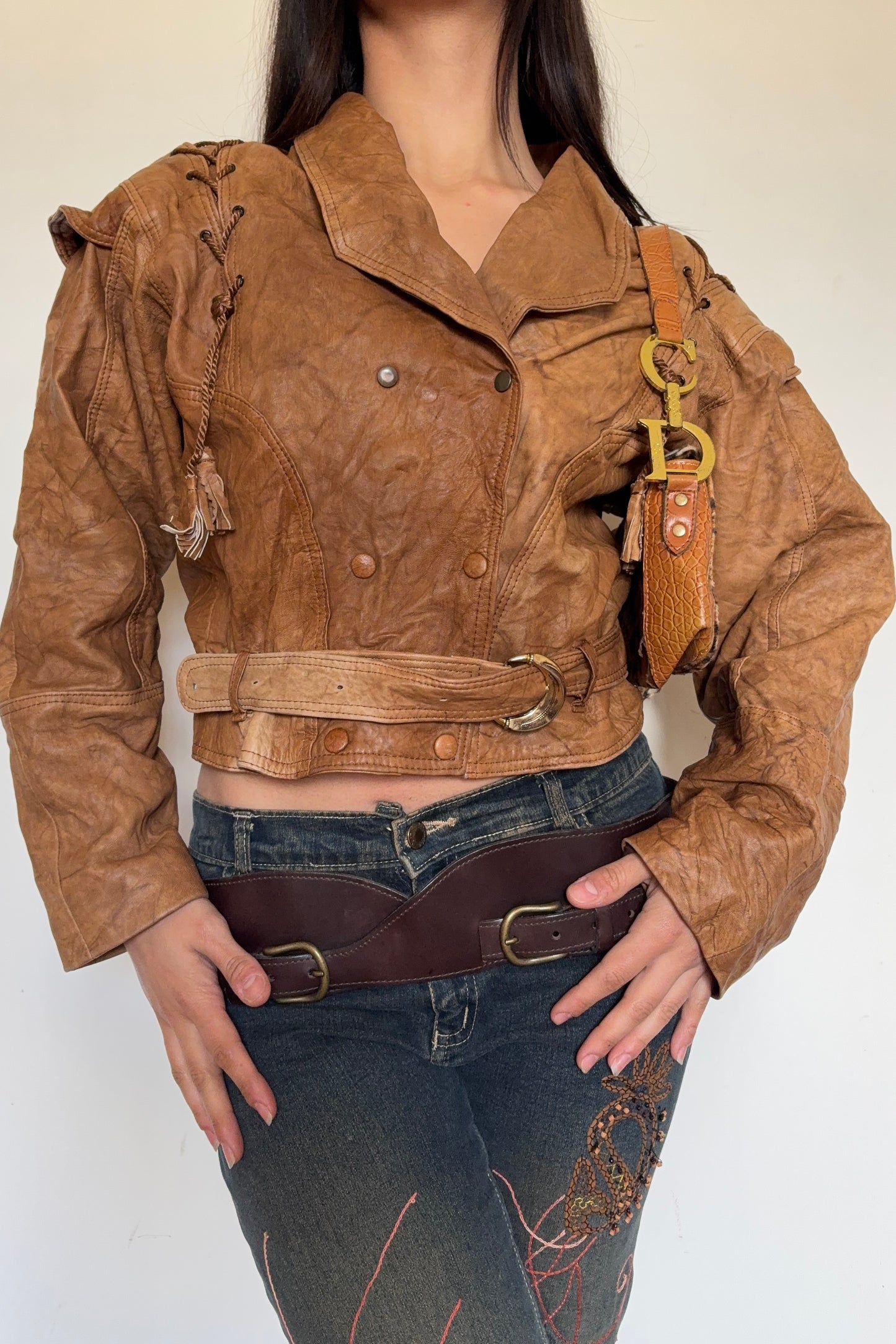 Camel brown leather button up