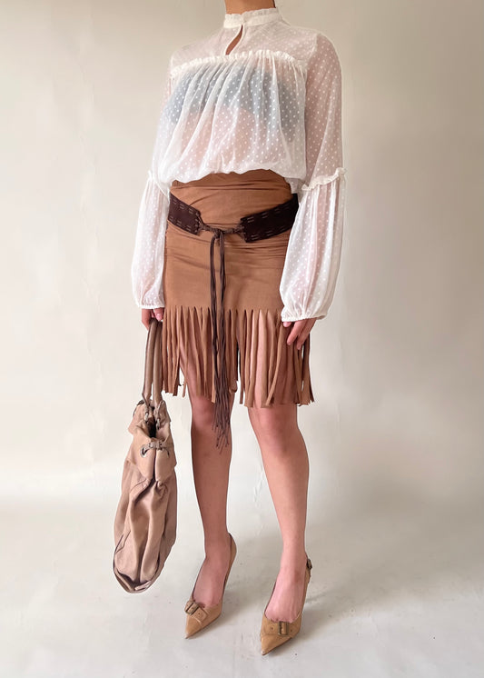 Fringed suede leather mid skirt