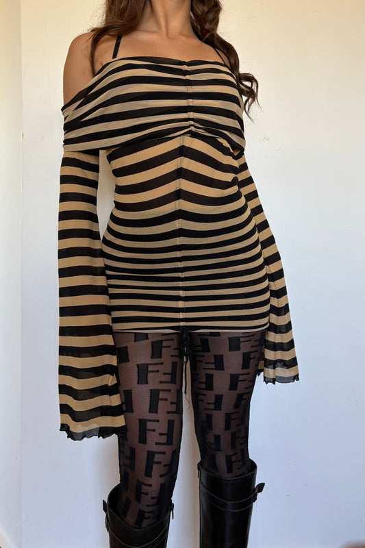 Striped mesh flowy sleeves off shoulder top/mini dress