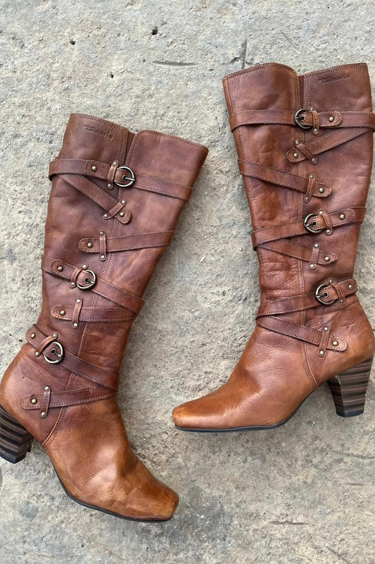 Tamaris leather light brown buckled boots