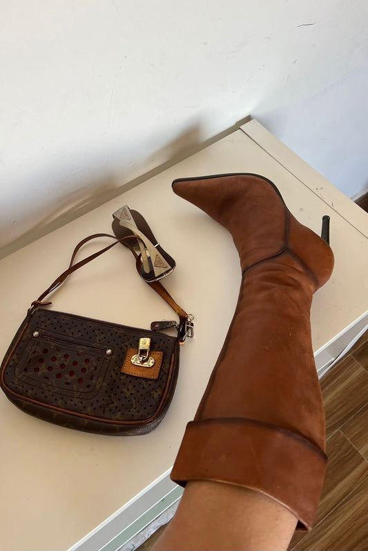 Faith leather pointy knee high heeled boots