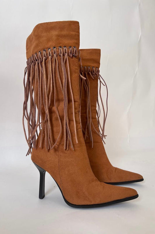Fringed pointed knee high suede boots