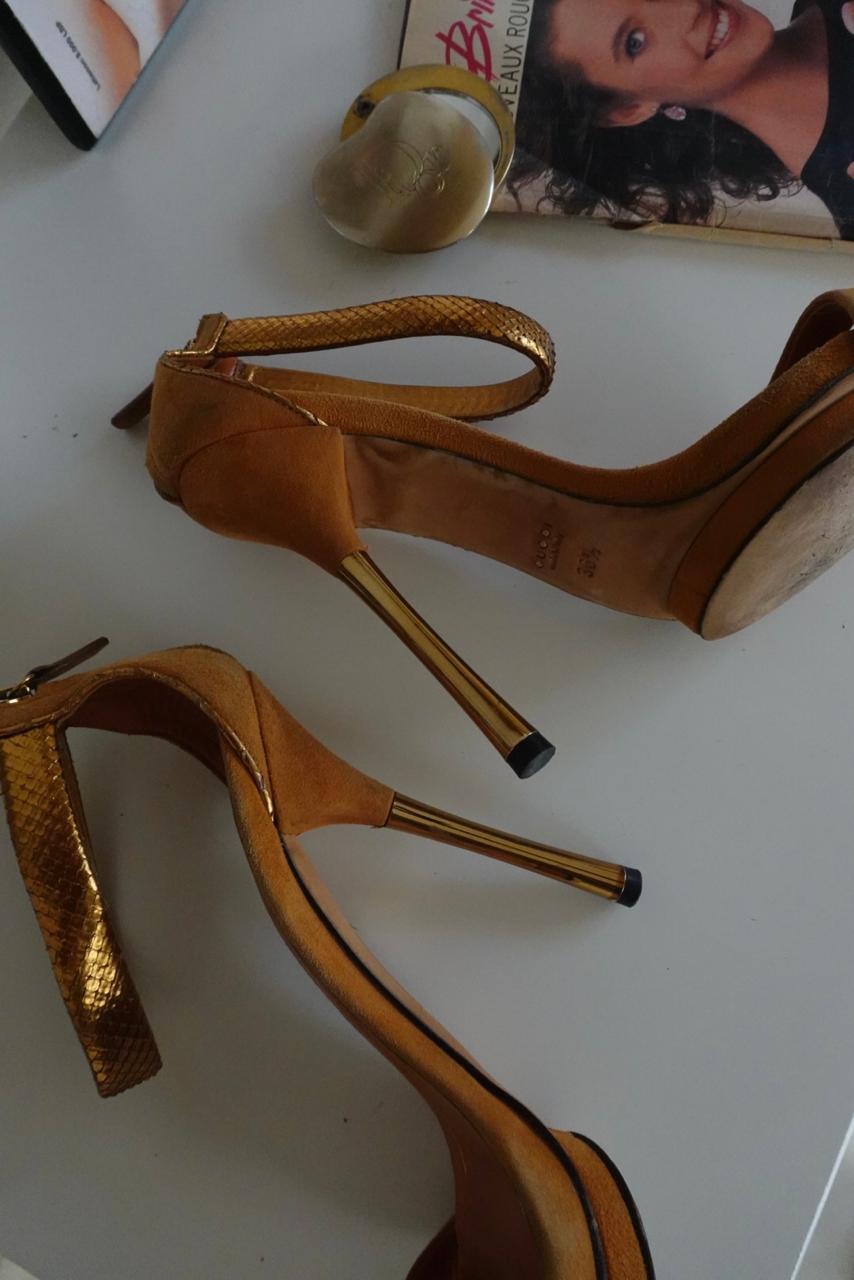 Gucci suede gold metallic python ankle strap heels