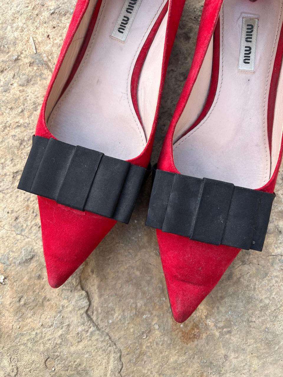 Miu Miu suede red pointy bow flats