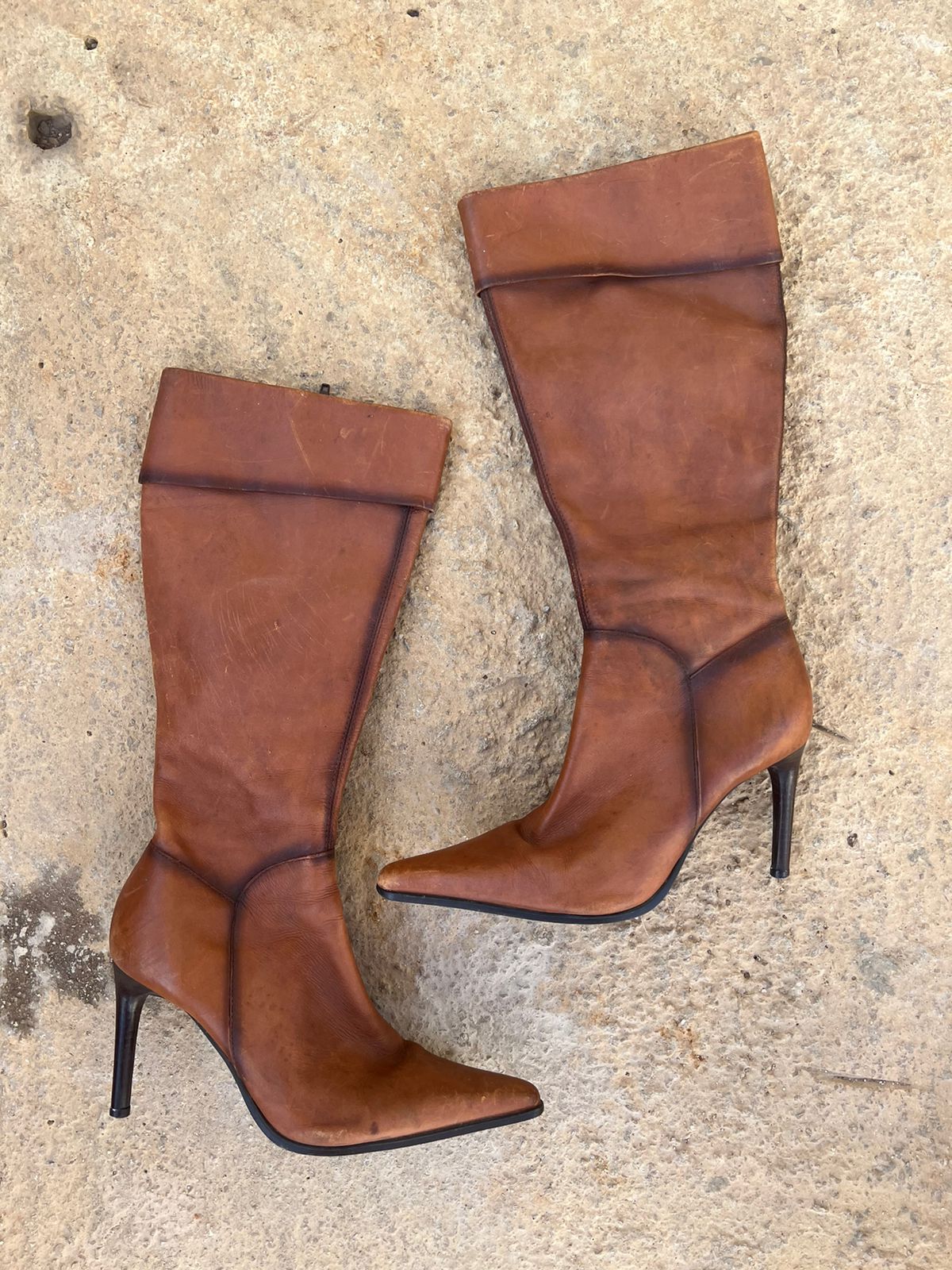 Faith leather pointy knee high heeled boots