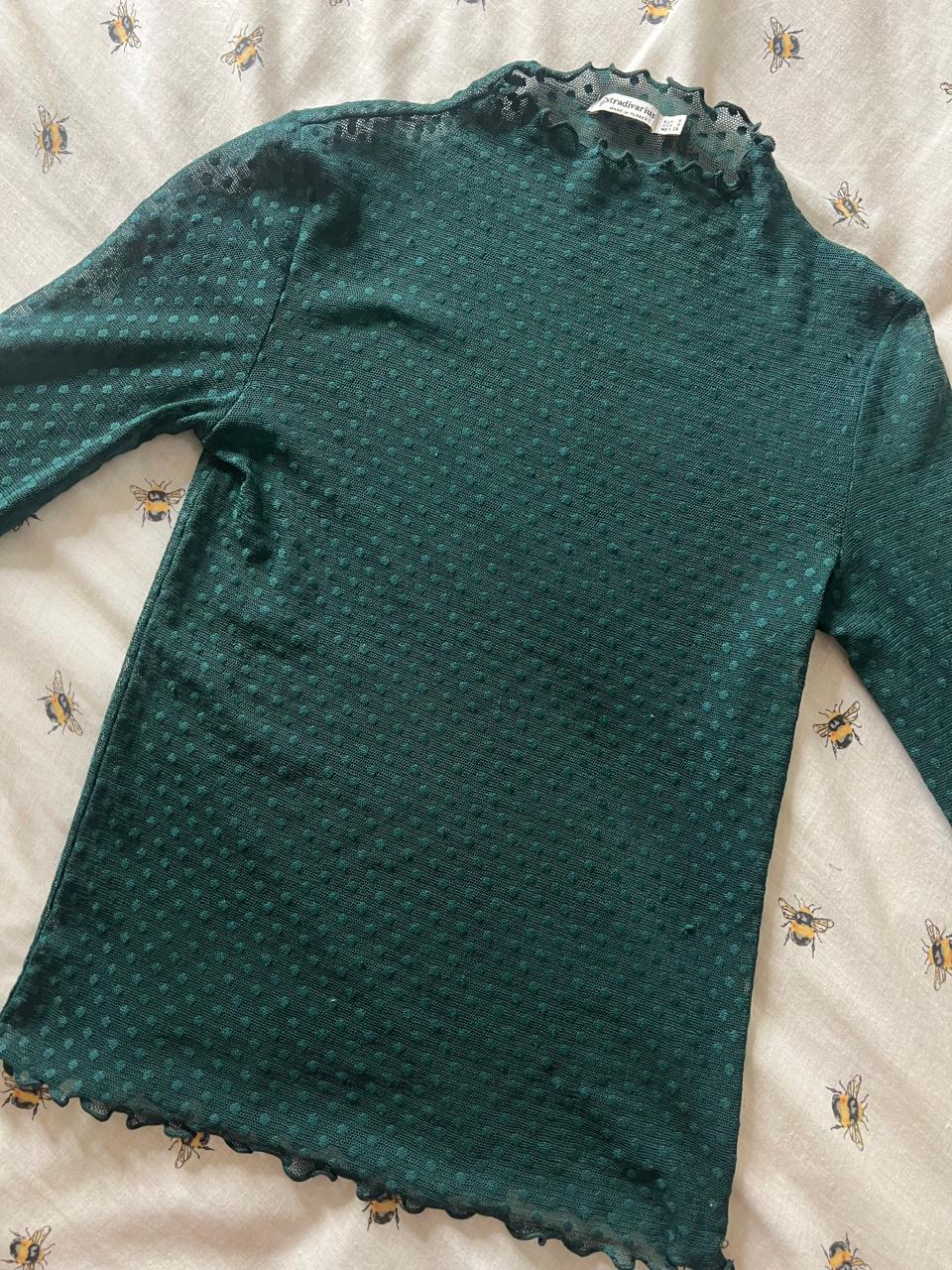 Green polka dots mesh see thru long sleeves