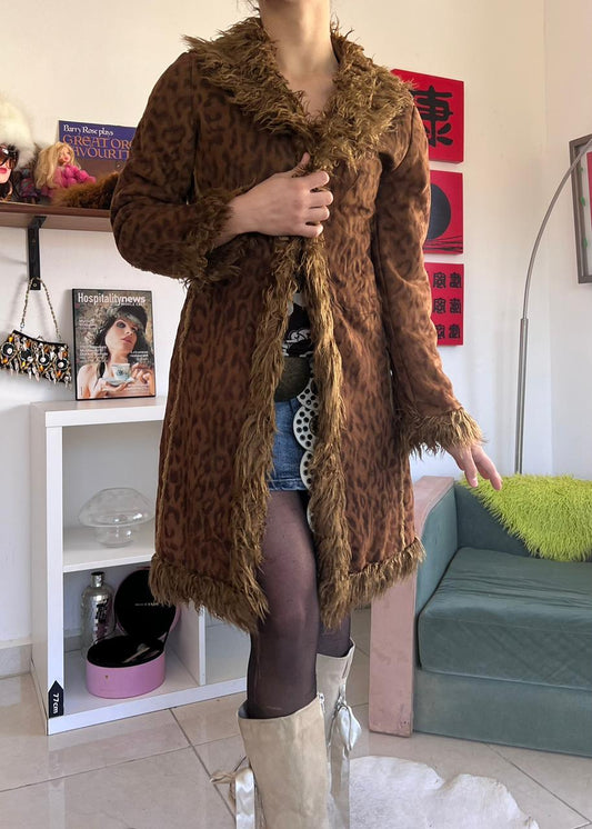 Afghan animal print suede midi coat