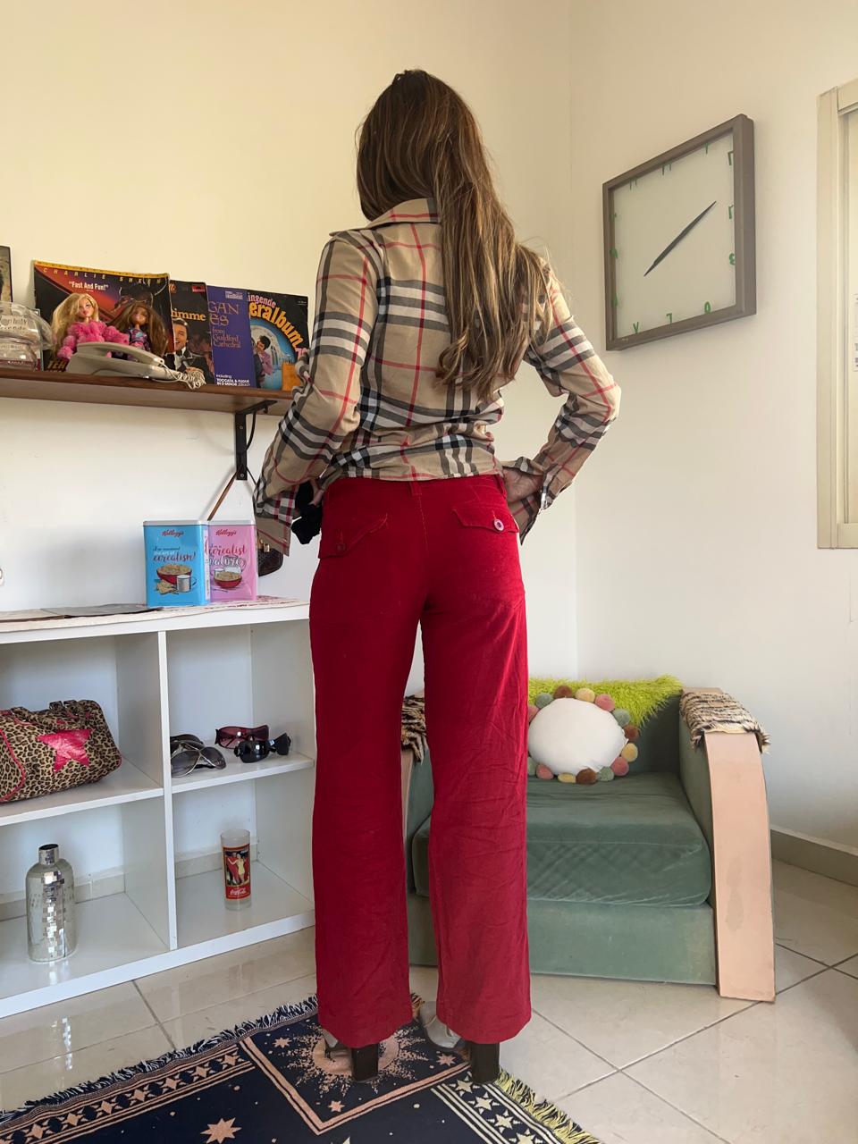 Red corduroy low waist pants