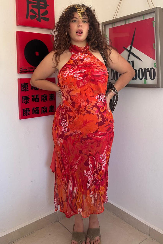 Sequined halter floral maxi dress with slits on the side