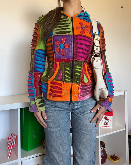 Patchwork embroidered hippie hooded jacket