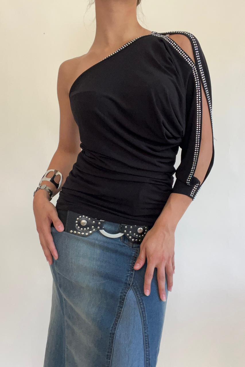 Y2k one sleeve long black top