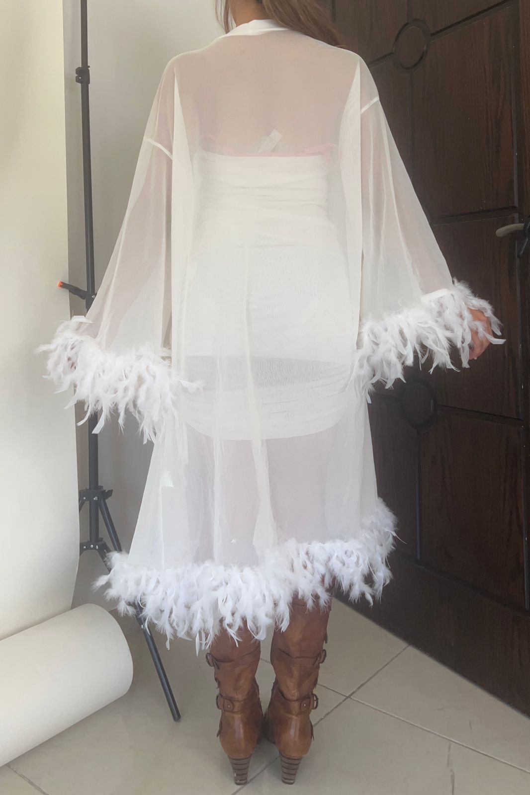 white mesh feathered robe