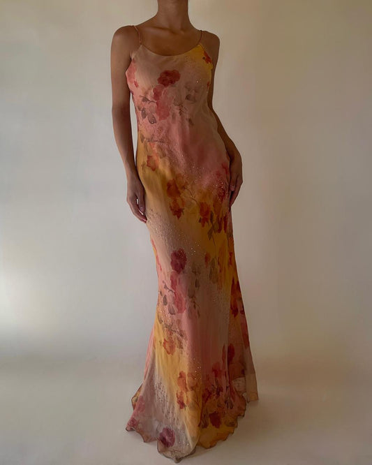 90s silk chiffon gown floral beaded maxi dress