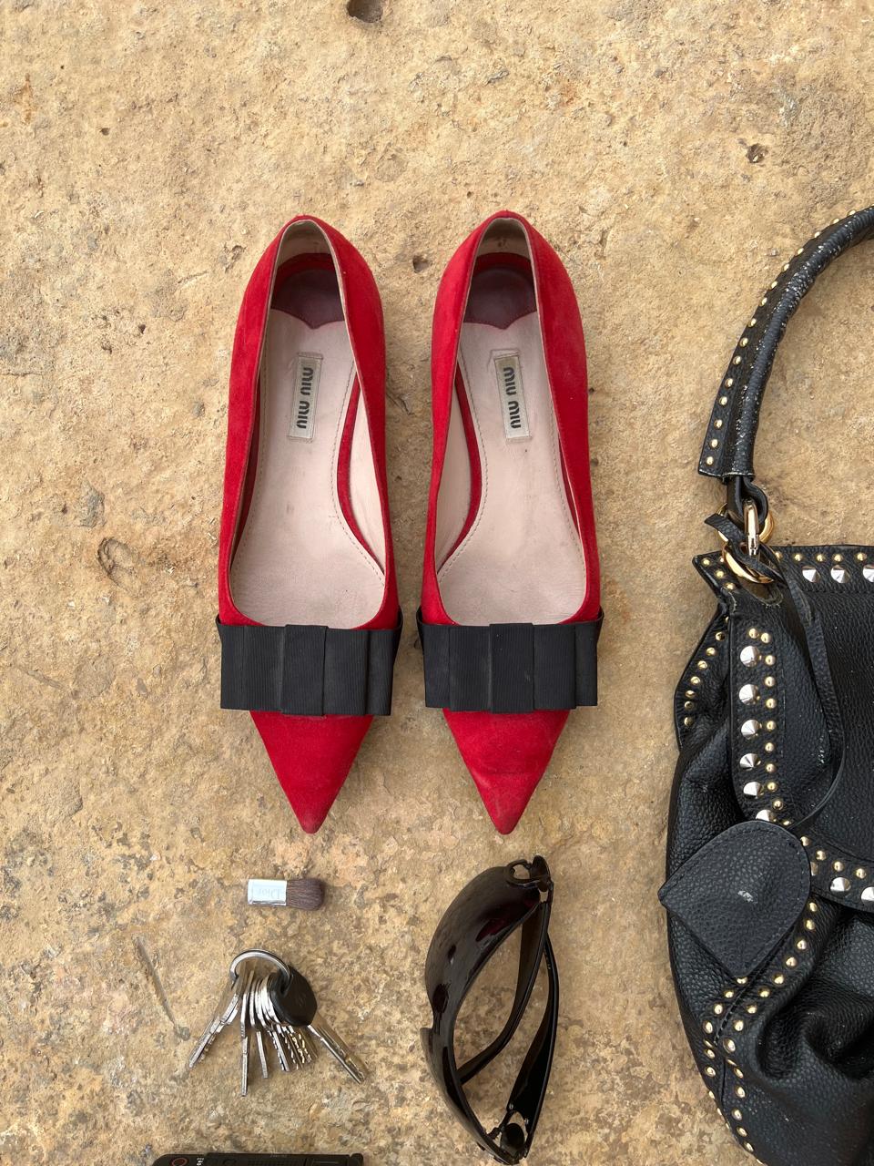 Miu Miu suede red pointy bow flats