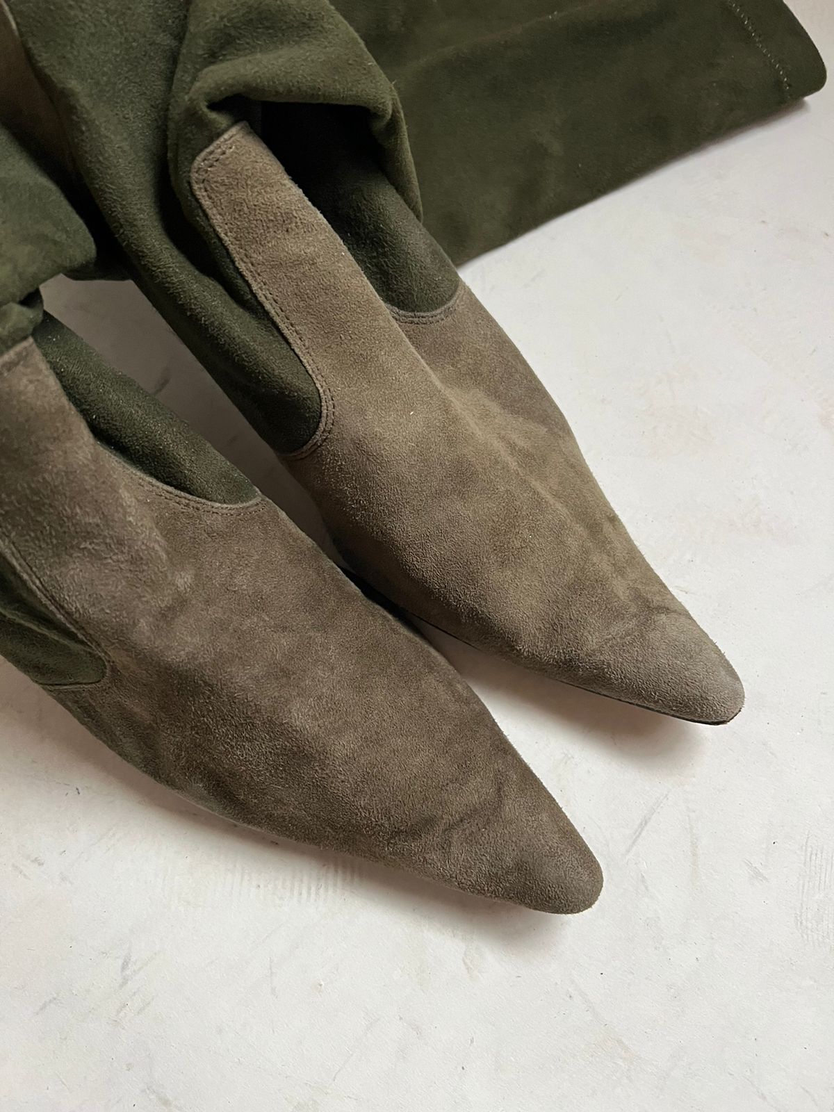 suede khaki knee high pointed heeled boots