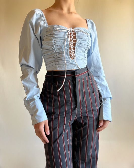 Linen lace up puff sleeve cropped top