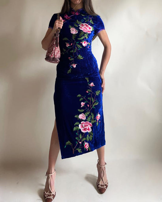 Cheongsam blue velvet maxi dress with slits