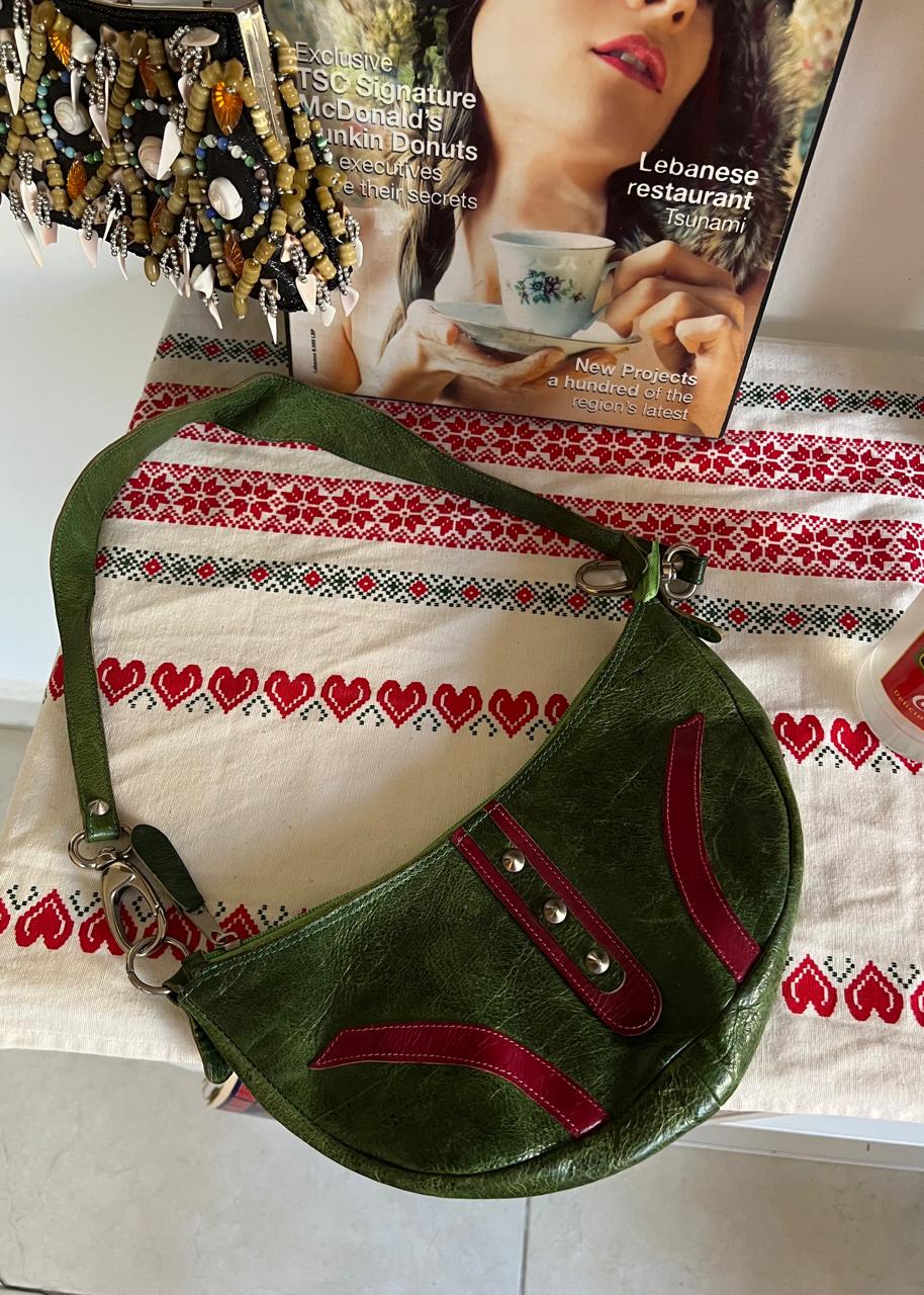 Leather green and pink shoulder/hand bag