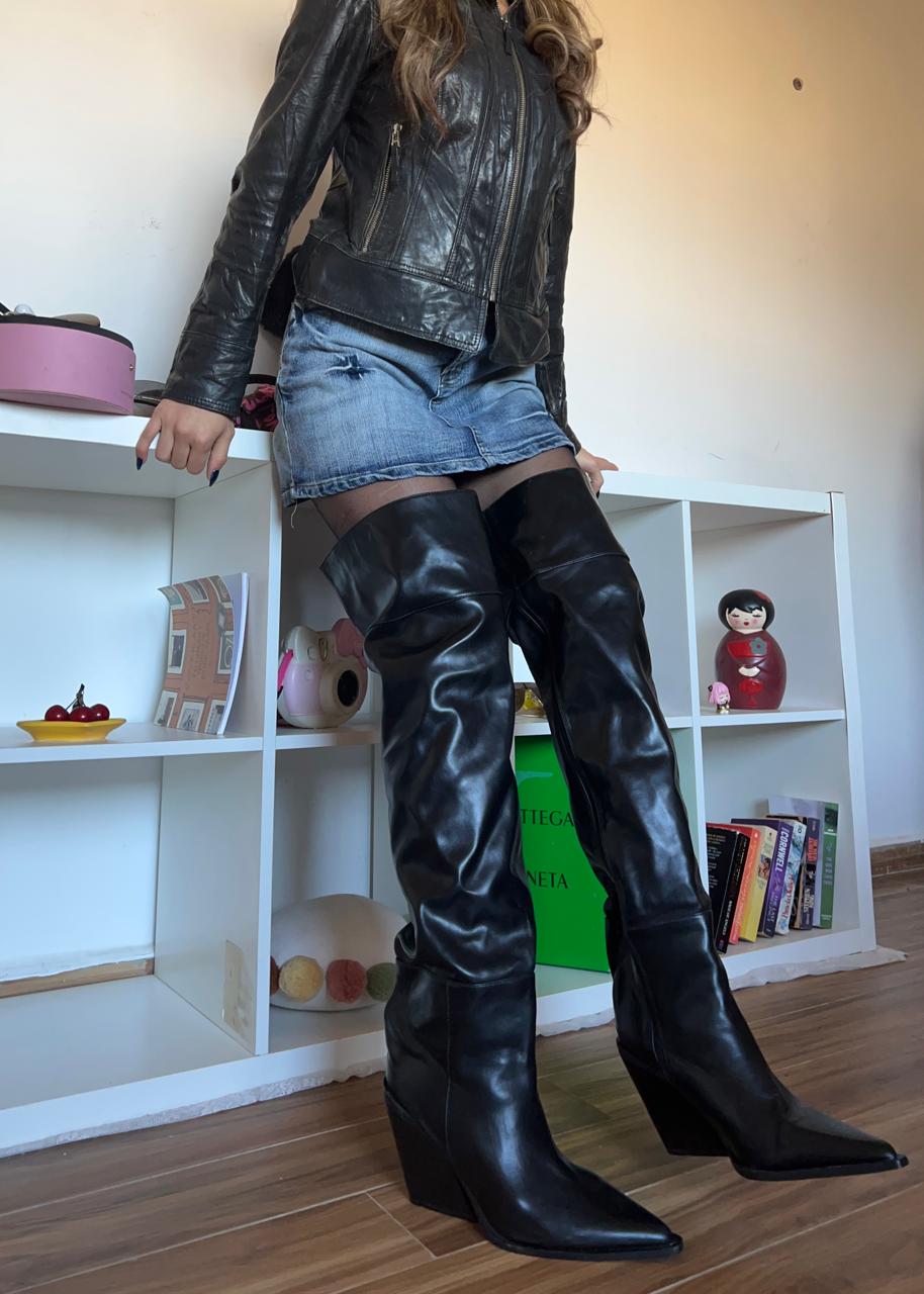 Boohoo leather thigh high wedge heeled pointy wrinkled boots