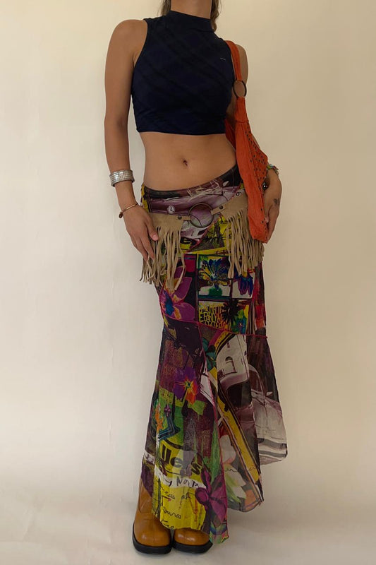 Y2k low waist funky graphics mesh maxi skirt