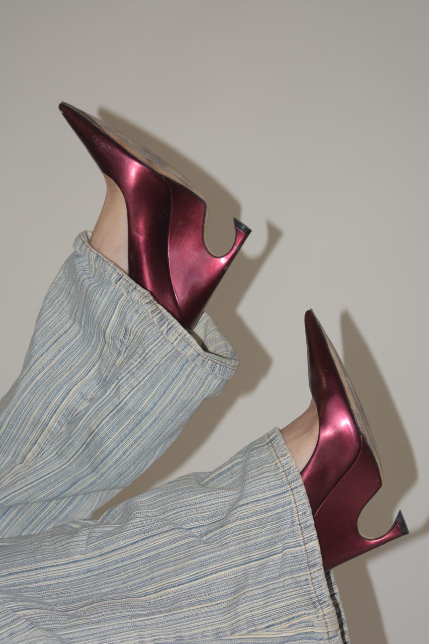 Dior metallic burgundy wedge pumps