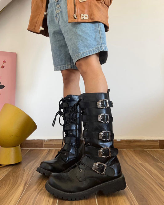 Skull leather tie up boots