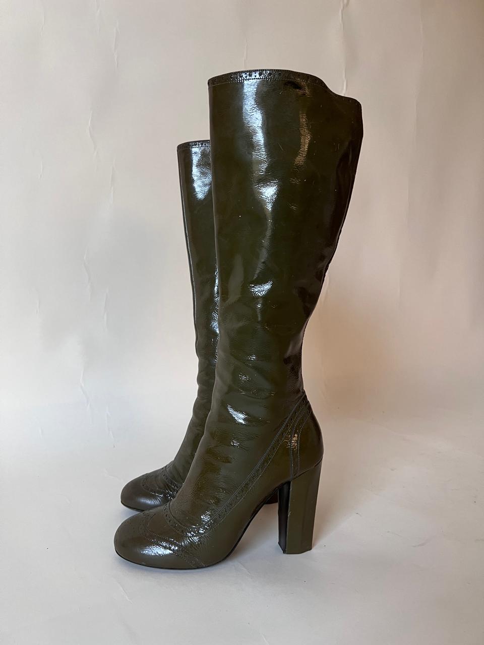Miu Miu patent leather round toe knee high boots