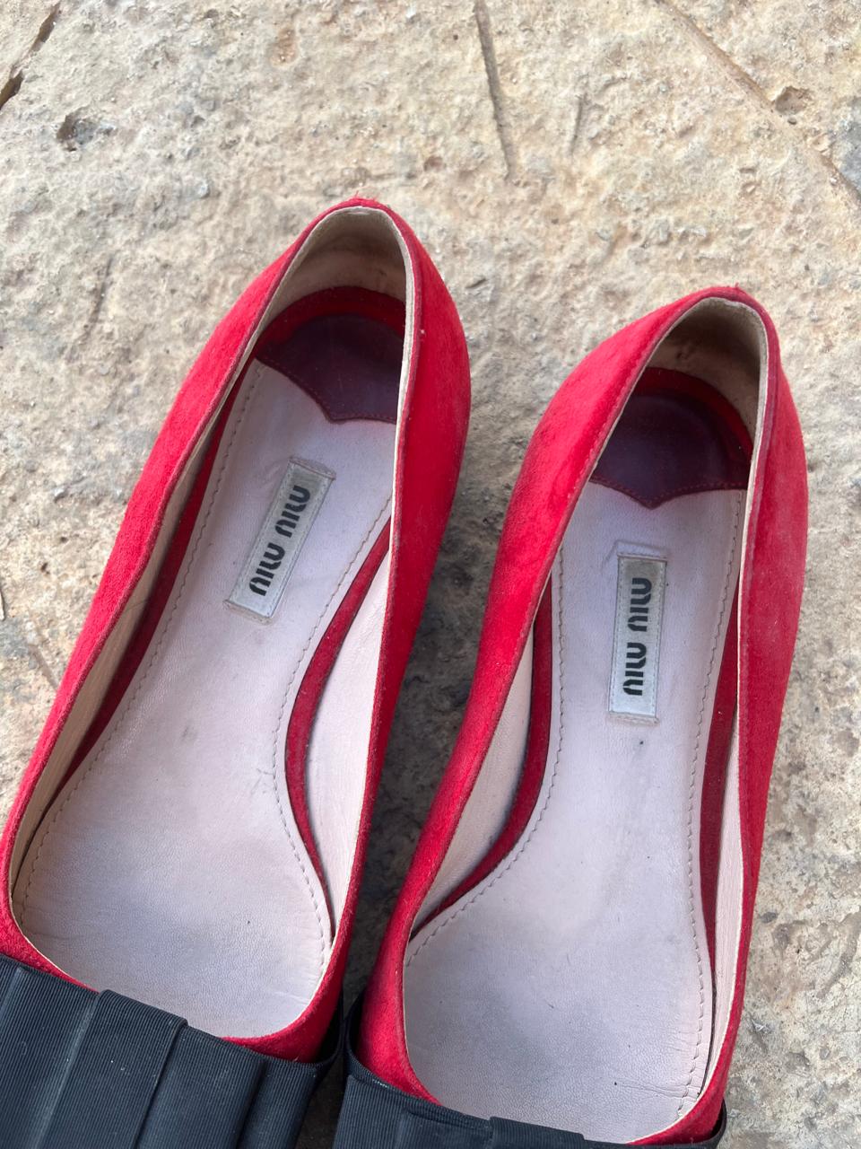 Miu Miu suede red pointy bow flats
