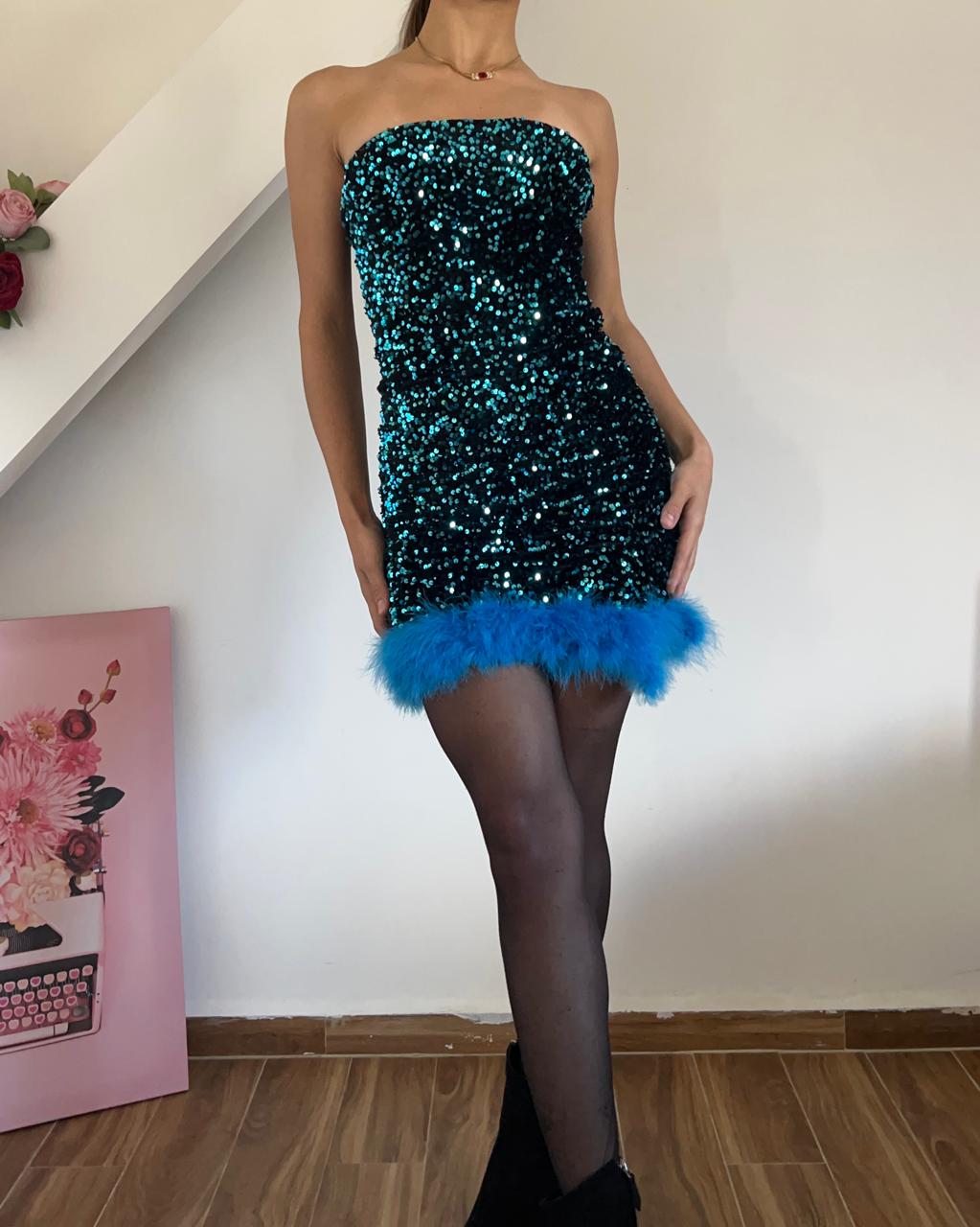 Sequin fuzzy mini strapless fitted dress