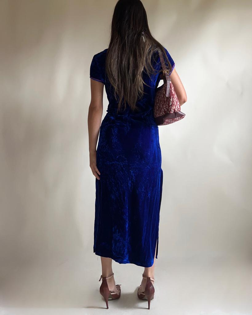 Cheongsam blue velvet maxi dress with slits