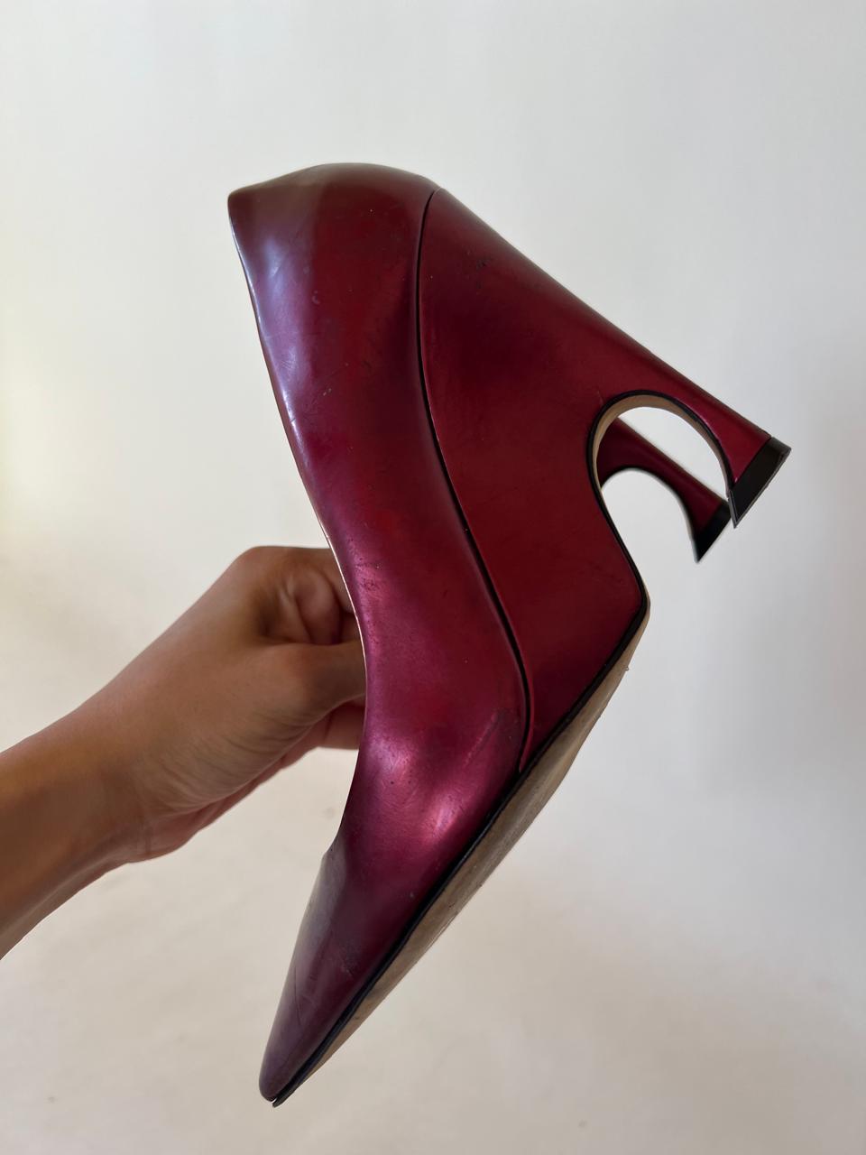 Dior metallic burgundy wedge pumps