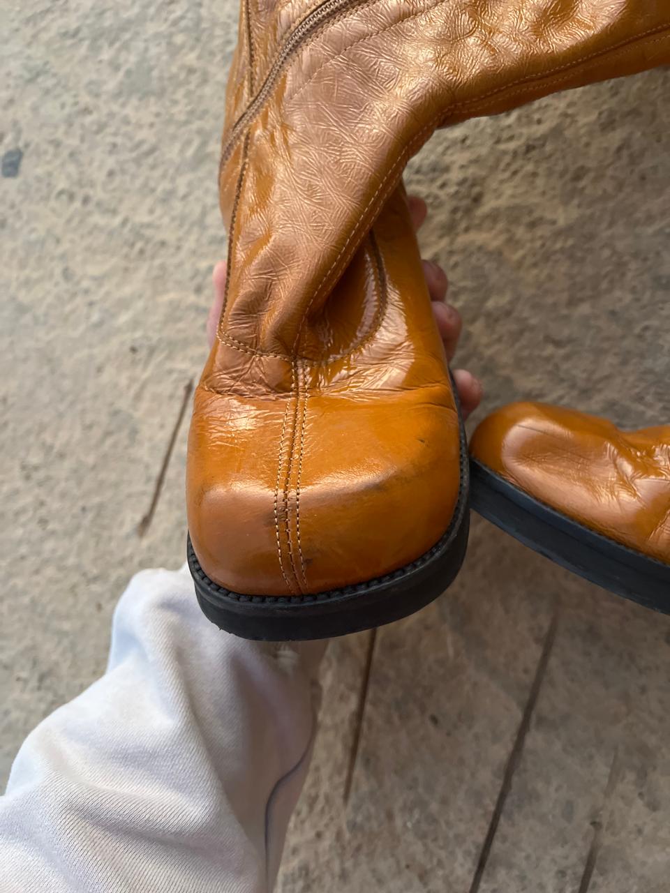 Topshop mustard yellow patent leather round toe chunky boots