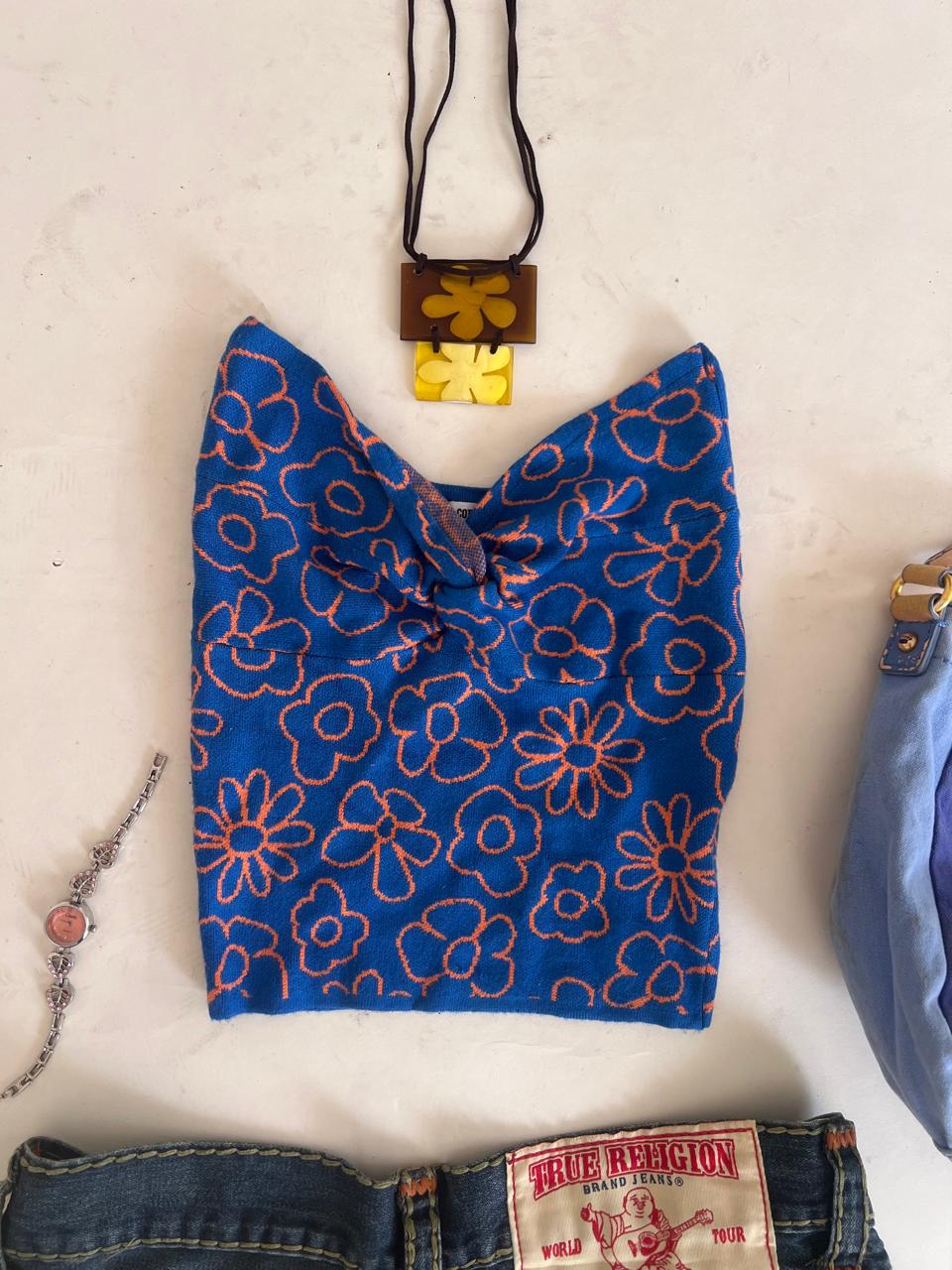 Floral blue cropped tube top
