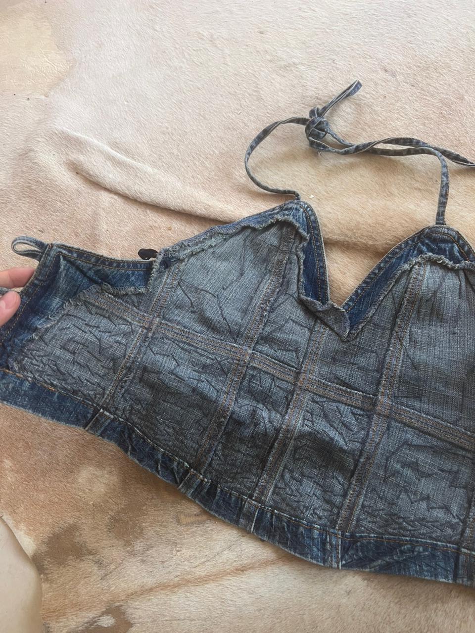Y2k denim sequin halter backless top