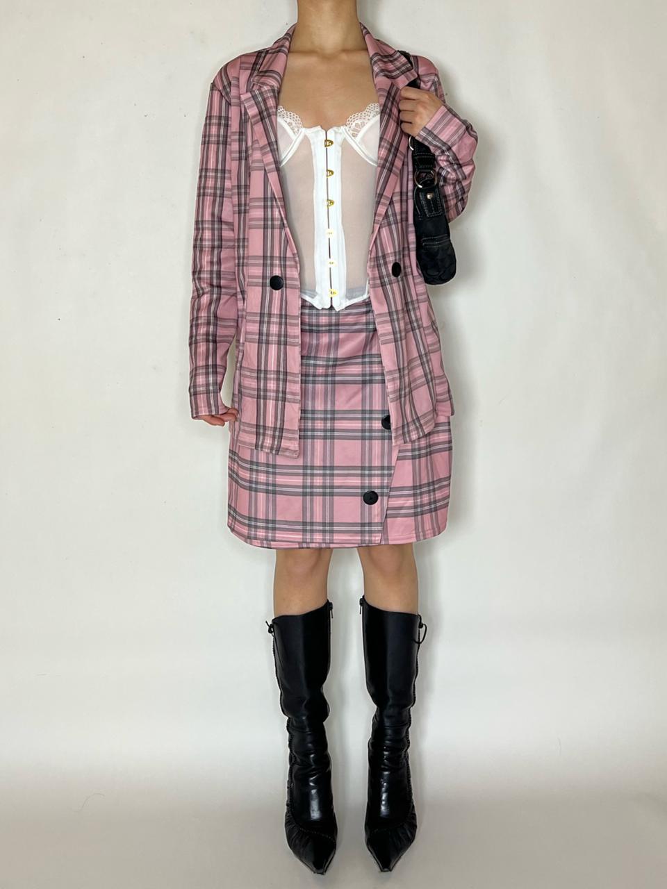 Plaid blazer skirt set