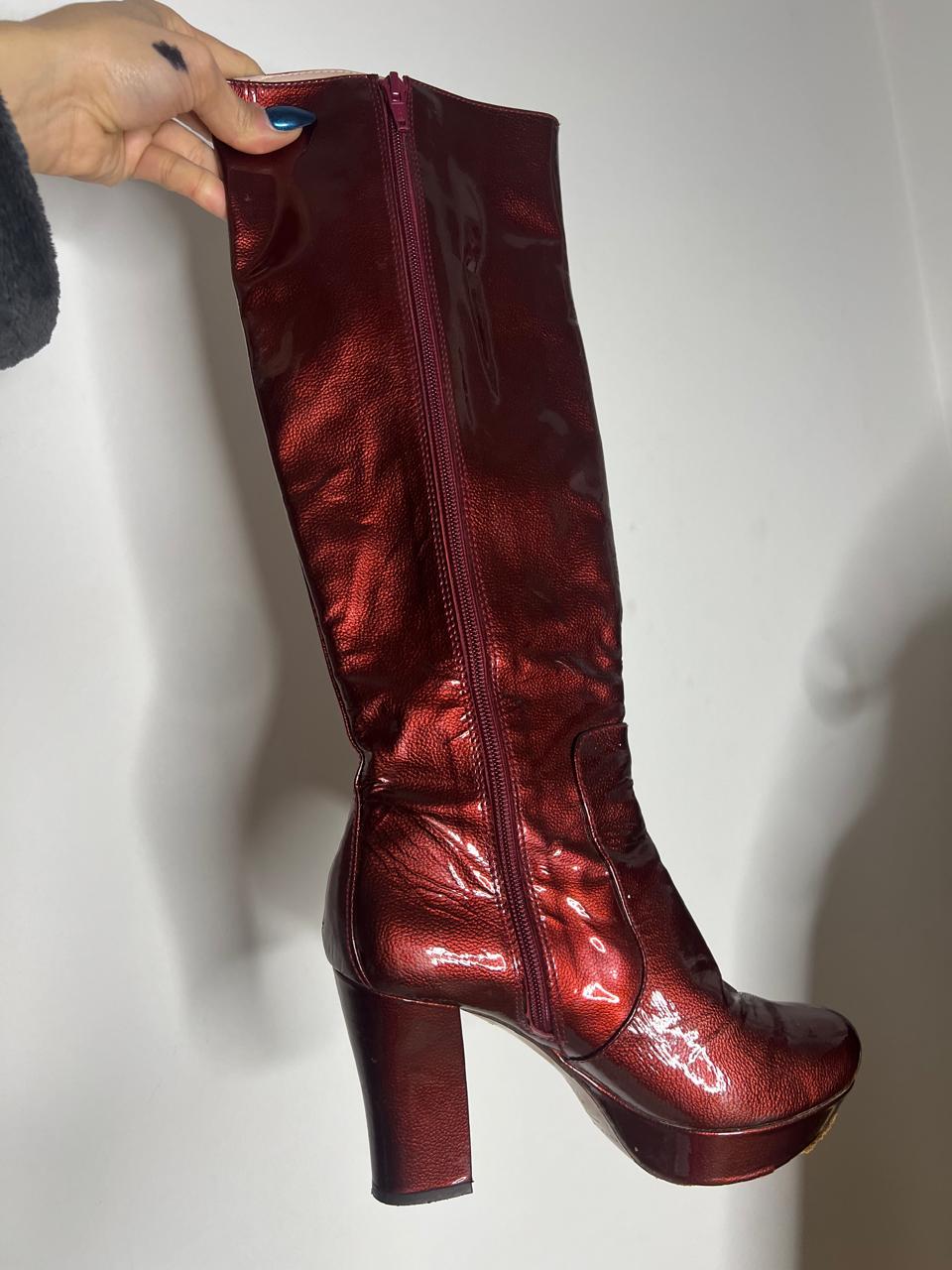 Pura Lopez red patent leather platform heeled boots